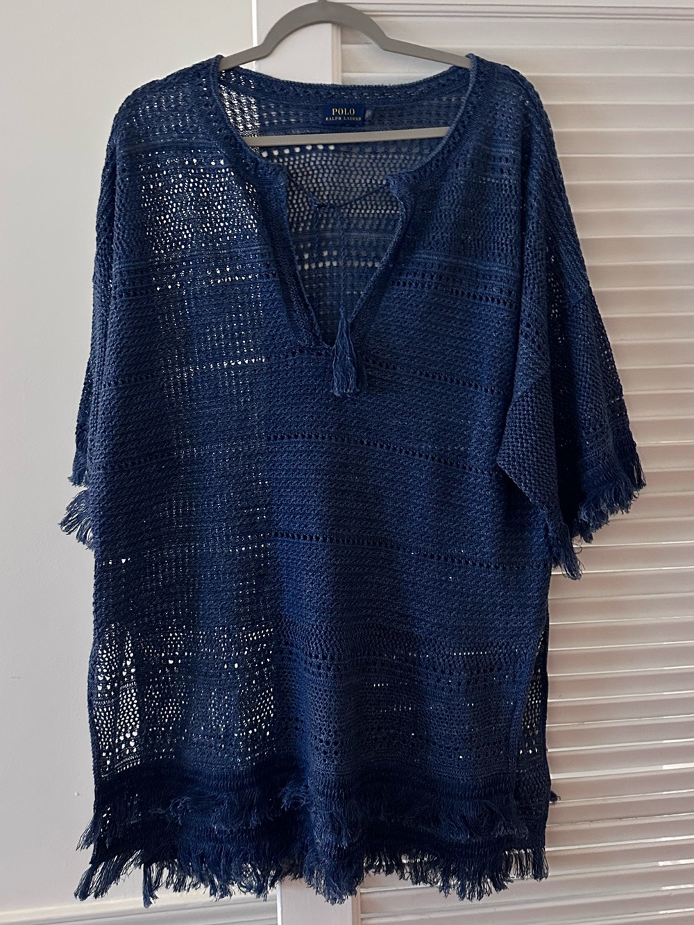 Polo Ralph Lauren Navy Crochet Fringe Beach Cover-Up Tunic, 100% Linen, Size M